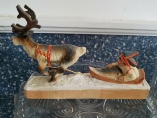 2 Hand Carved Wood Girl Milking Goat And Reindeer Sled Henning Made In Norway