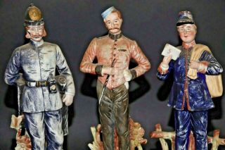 3 Very Old Bisque Figures - Policeman - Soldier - Postman - Rare - L@@k