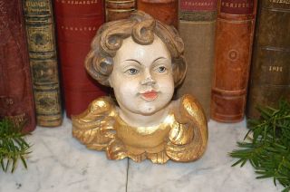 Vintage German Carved Wood Large Cherub Angel Head With Wings Painted And Gilded