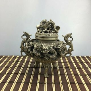 Chinese Old Copper Plating Silver Carving Dragon Censer / Xuande Mark E02