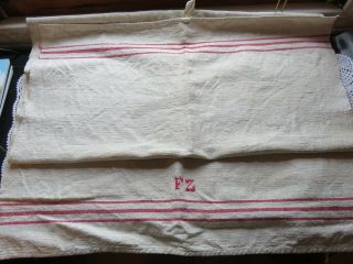 Vintage Grain Sack Towel Old Linen Stripe Bright Red Initials Fz 23 " X 42 " Exc