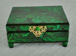 Faux Malachite Wood Box Marbled Papers Antique French Empire Style Jewelry Green