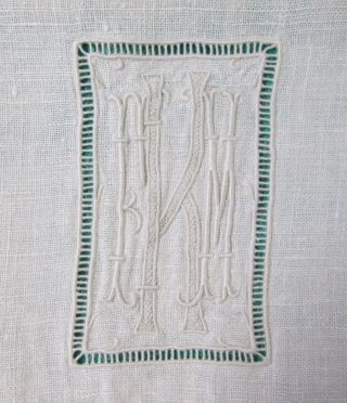 Antique Spectacular Formal Linen Runner Bobbin Lace F K M Monogram Drawnwork