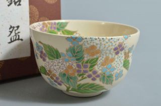 T3637: Japanese Kiyomizu - Ware Colored Porcelain Flower Pattern Tea Bowl