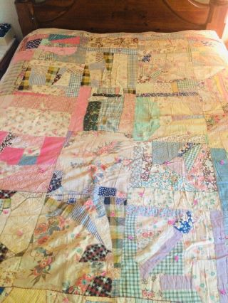 Antique Victorian Crazy Quilt Silk Satin Embroidery 65” By 74”