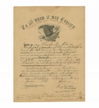 1865 Civil War Discharge For Corporal Charles E.  Chase,  12th Hampshire