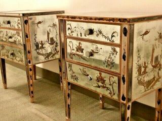 Mirrored Pair Antique Verre Eglomise Side Tables 1930s Rough/beautiful Chinoise