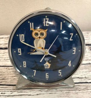 Vintage Wind Up Metal And Glass Owl Clock With Eyes (not)
