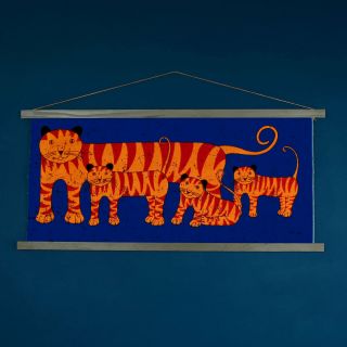 Vintage 1960s 1970s Huge Tiger & Cubs Family Blue Fabric Wall Hanging - Signed