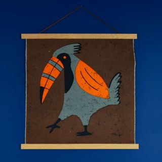 Vintage 1960s 70s Brown / Orange / Grey Toucan Fabric Wall Hanging - Signed
