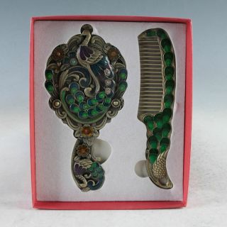 A Set Of Exquisite Chinese Cloisonne Handmade Peacock Pattern Mirror&comb Jz1003