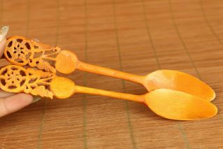 Pair Old Hand Carved Flower Spoon