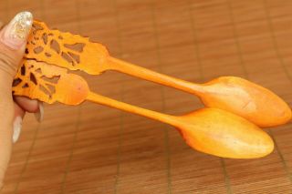 pair old hand carved flower spoon 4