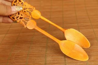 pair old hand carved flower spoon 6