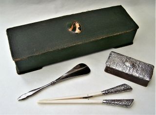 Victorian Glove Box,  Silver Handled Stretchers & Shoe Horn,  Silver Topped Box