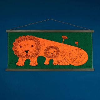Vintage 1960s 1970s Huge Lion & Cub Family Blue Fabric Wall Hanging - Signed