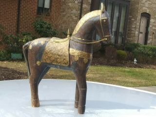 Vintage Hand Carved Wooden Horse Large Statue With Brass Decor.  Rare