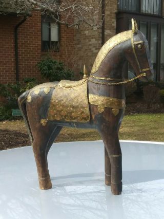 Vintage Hand Carved Wooden Horse large Statue With Brass Decor.  Rare 2