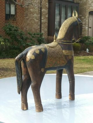 Vintage Hand Carved Wooden Horse large Statue With Brass Decor.  Rare 3