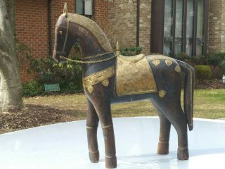 Vintage Hand Carved Wooden Horse large Statue With Brass Decor.  Rare 7