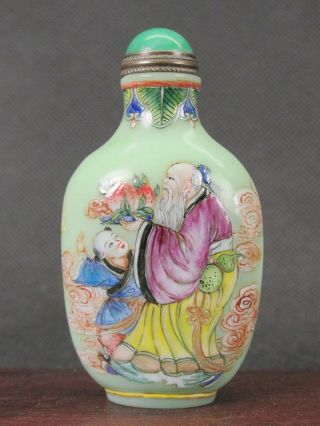 Chinese Elder Boy Deer Hand Painted Peking Enamel Glass Snuff Bottle