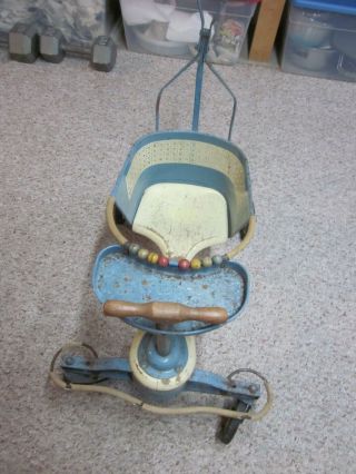 Vintage 1950s TAYLOR TOT Blue White Metal Wood Baby Stroller Walker ALL 2