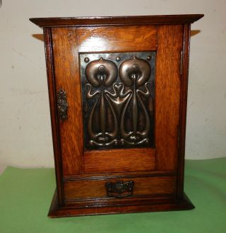 Antique Edwardian Art Nouveau Oak Smokers Cabinet.