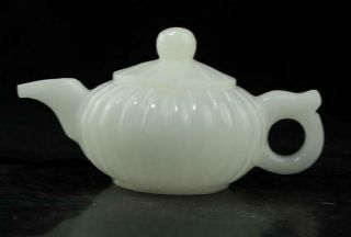 Chinese Old Hand - Made Natural White Jade Pumpkin Teapot D01
