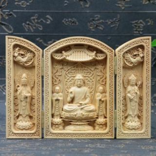 Chinese Boxwood Handmade Carved Three Saints Of The West Open Box