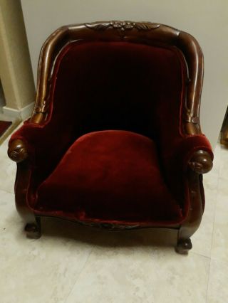 Vintage Mahogany Burgundy Velvet Childs Grandfather Chair
