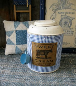 Early Antique Pantry Tin Blue Calico W Old Toy Enamel Cup Sweet Cream