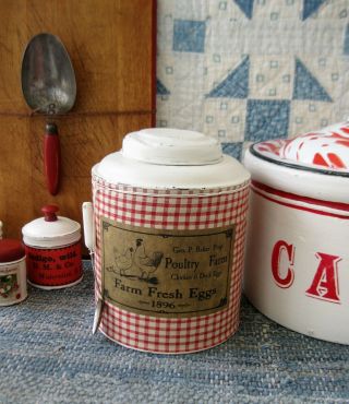Early Antique Pantry Tin Red Calico W Old Toy Spoon Farm Fresh Eggs