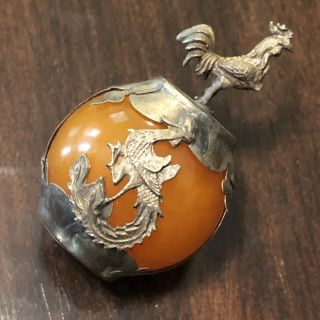 Old Chinese Dragon Ball Zodiac Asian Figure Silver Tone Metal Orange Jade Cock