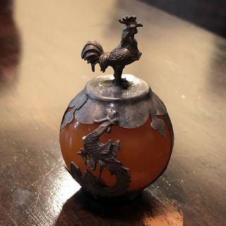 Old Chinese Dragon Ball Zodiac Asian Figure Silver Tone Metal Orange Jade Cock 2