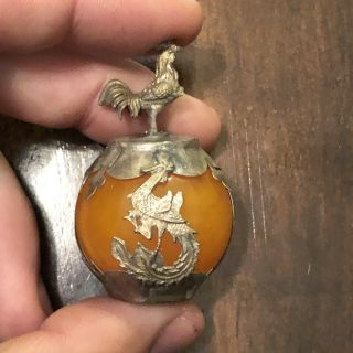 Old Chinese Dragon Ball Zodiac Asian Figure Silver Tone Metal Orange Jade Cock 3