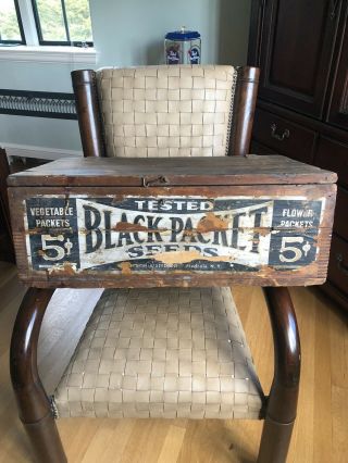 Black Packet Seeds Wood Crate / Box Advertising,  Paper Label,  Lid