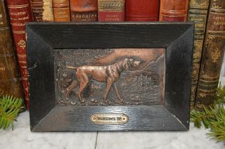 Antique German Framed Wooden Copper Relief Plaque Hunting Dog Braunschweig 1909