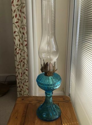 Antique Pressed Blue Glass Oil Lamp By Portieux Vallerysthal Flying Fish C1900