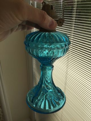 Antique Pressed Blue Glass Oil Lamp By Portieux Vallerysthal Flying Fish C1900 2
