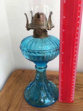 Antique Pressed Blue Glass Oil Lamp By Portieux Vallerysthal Flying Fish C1900 4