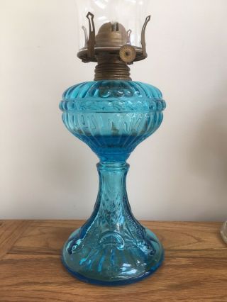 Antique Pressed Blue Glass Oil Lamp By Portieux Vallerysthal Flying Fish C1900 6