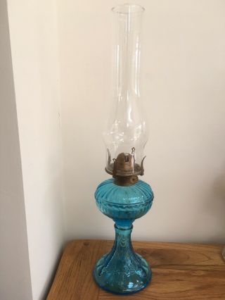 Antique Pressed Blue Glass Oil Lamp By Portieux Vallerysthal Flying Fish C1900 7