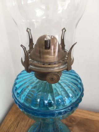 Antique Pressed Blue Glass Oil Lamp By Portieux Vallerysthal Flying Fish C1900 8