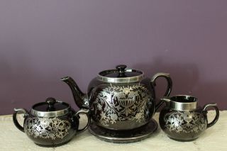Vintage Gibson Black Teapot & Trivet,  Cream And Sugar Set With Silver Overlay