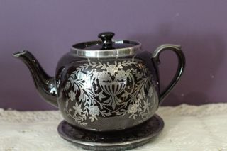 VINTAGE GIBSON BLACK TEAPOT & TRIVET,  CREAM AND SUGAR SET WITH SILVER OVERLAY 2