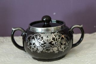 VINTAGE GIBSON BLACK TEAPOT & TRIVET,  CREAM AND SUGAR SET WITH SILVER OVERLAY 4