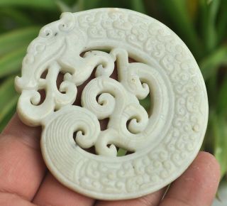 Chinese ancient old hard jade hand - carved pendant necklace dragon 2
