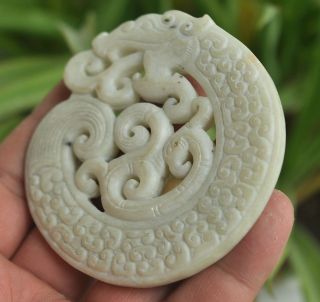 Chinese ancient old hard jade hand - carved pendant necklace dragon 3