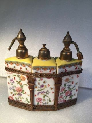 Antique French Hand Painted Porcelain 3 Perfume Bottles W/brass Ornate Case - L