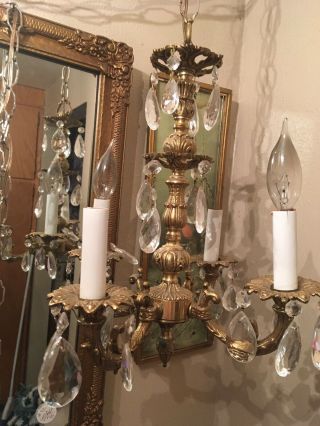 Vintage Petite Brass Crystal Chandelier 13” Wide 4 Arm/4 Lights Crystals Glass